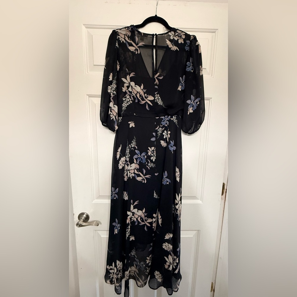 Calvin Klein Black Floral Maxi Dress with Blue and Cream Accents